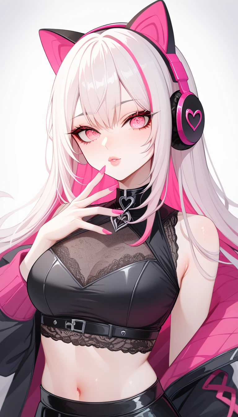 1 Girl, Demon Girl, Long White Hair, Pink Highlights In Hair, Smooth Skin, Pale Skin Tone, Nice Eyes, Light Pink Eyes, Nice Lips, Light Blush, Pink Finger Nails, Anime Goth Demon Girl, Wearing a Black Skirt and Lace Crop Top Shirt, Choke, Wearing Cat Ear Headphones, Ulzzang, Upper Body Shot, Close Up