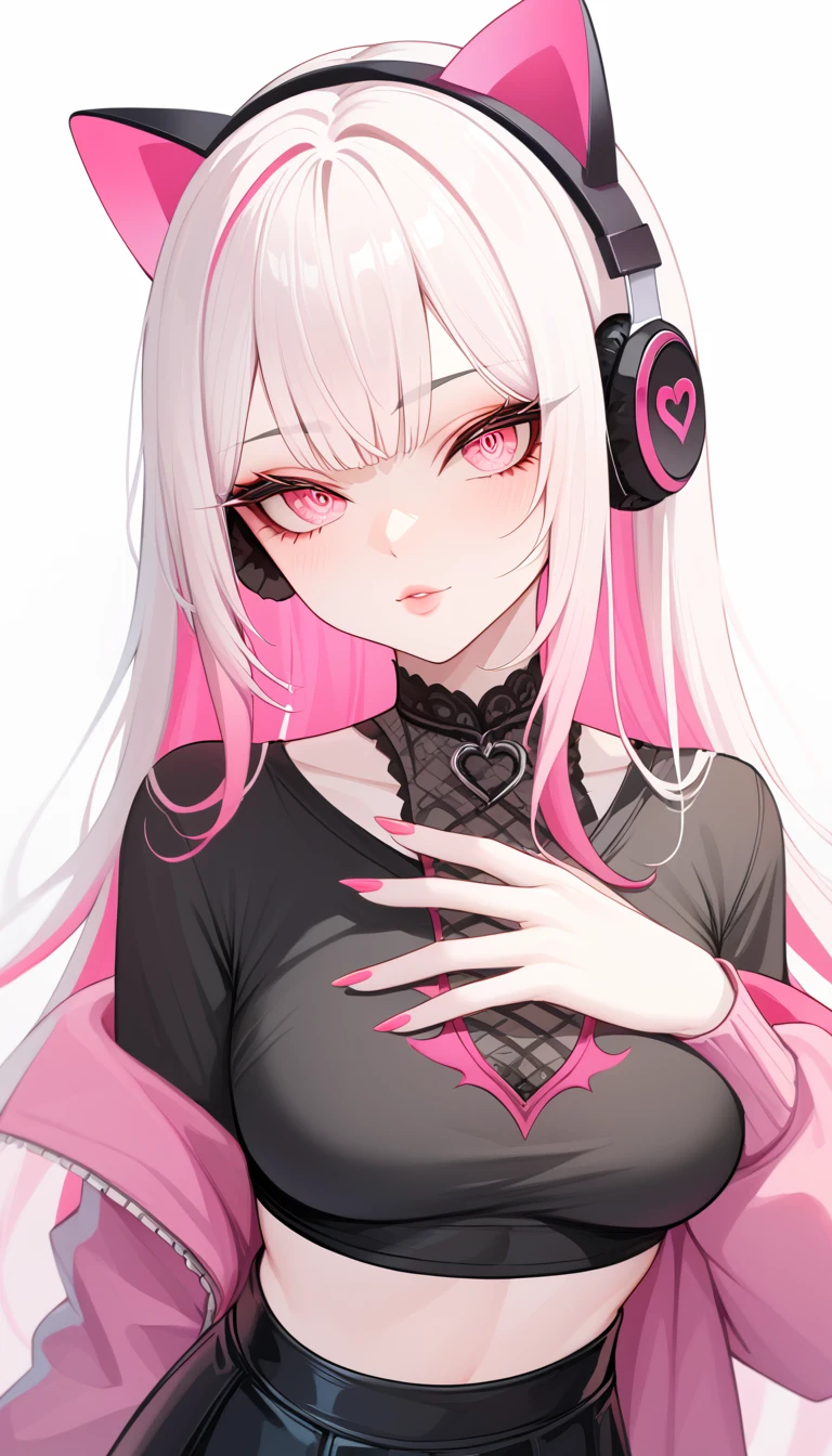 1 Girl, Demon Girl, Long White Hair, Pink Highlights In Hair, Smooth Skin, Pale Skin Tone, Nice Eyes, Light Pink Eyes, Nice Lips, Light Blush, Pink Finger Nails, Anime Goth Demon Girl, Wearing a Black Skirt and Lace Crop Top Shirt, Choke, Wearing Cat Ear Headphones, Ulzzang, Upper Body Shot, Close Up