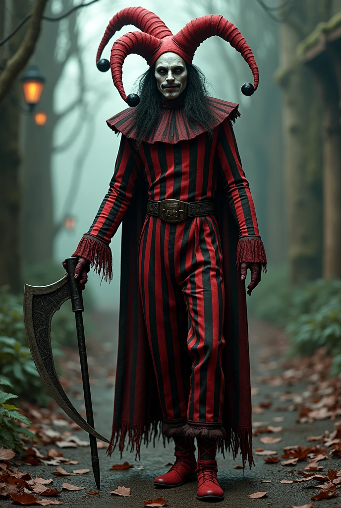 Court jester with red and black stripes and his clothing, holding a scythe, and long hair
