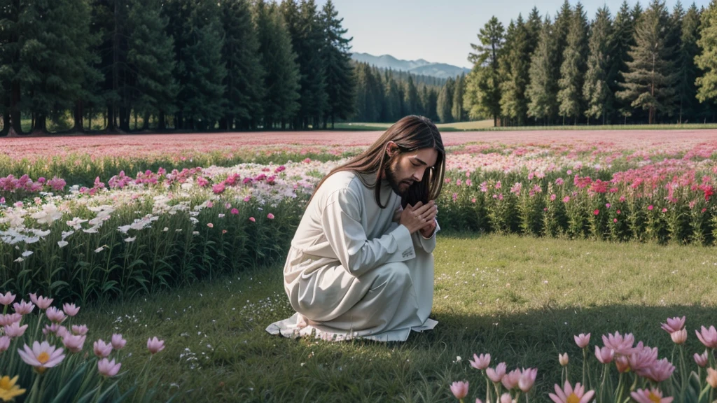 Jesus praying in a very beautiful field of flowers
