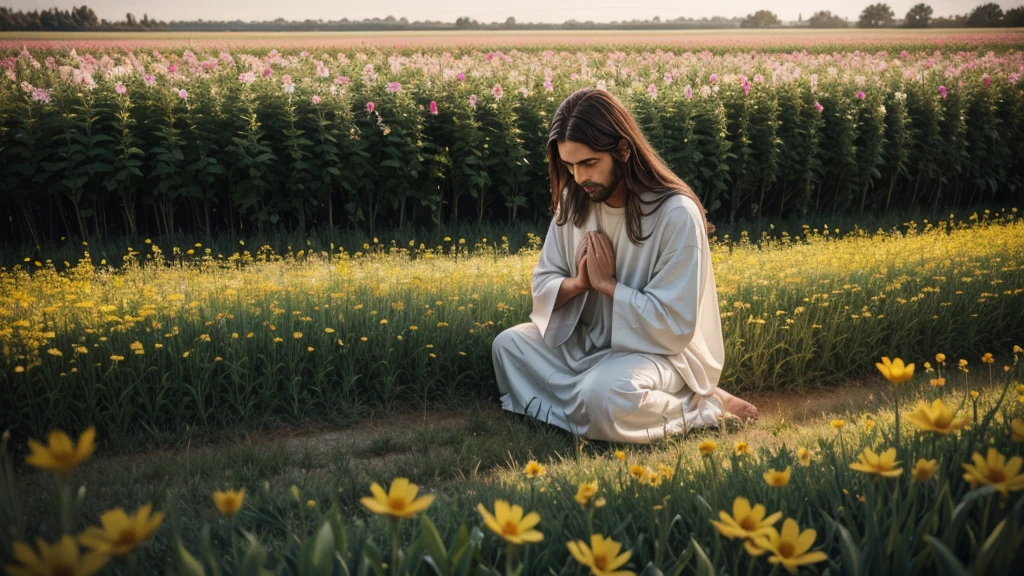 Jesus praying in a very beautiful field of flowers
