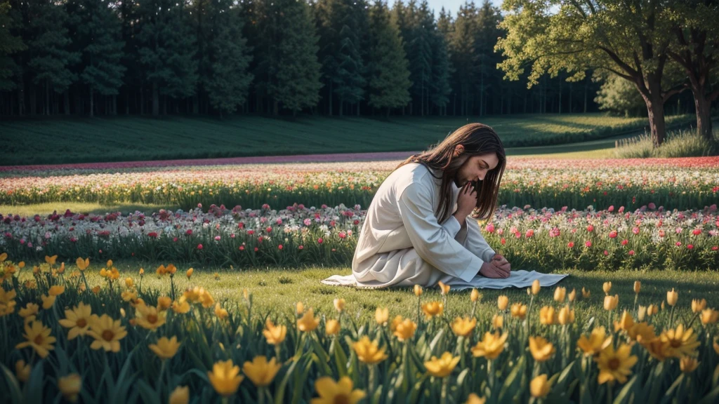 Jesus praying in a very beautiful field of flowers