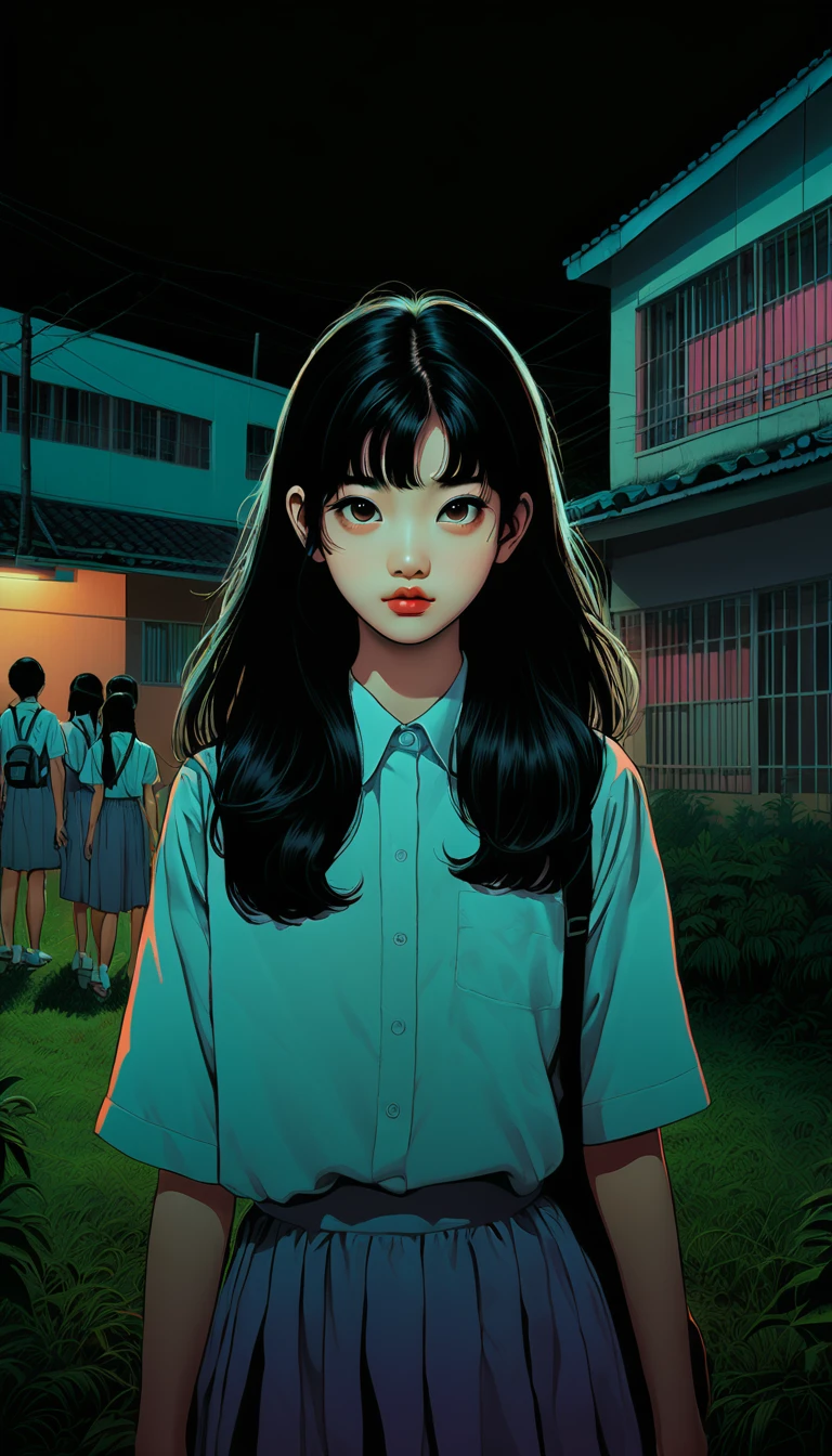 An illustration、art、80s Thai horror movie poster, Supervised by Junji Ito、(high school student:1.2)、Schoolyard、night、Attention to detail, Realistic Shadows、Analog Style, chromatic aberration, Surrealism、Complementary Gradient