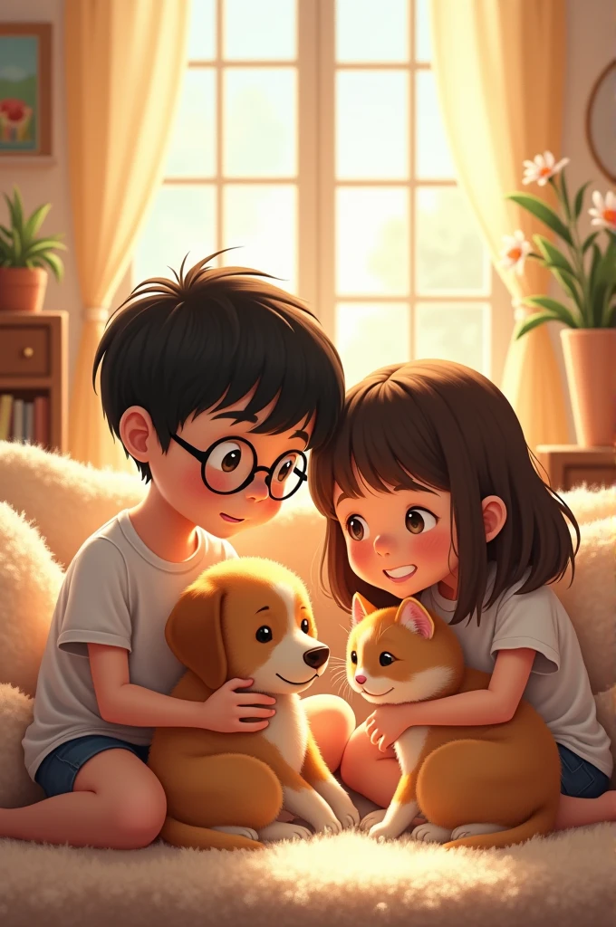 Boy with glasses and girl taking care of a dog and cat