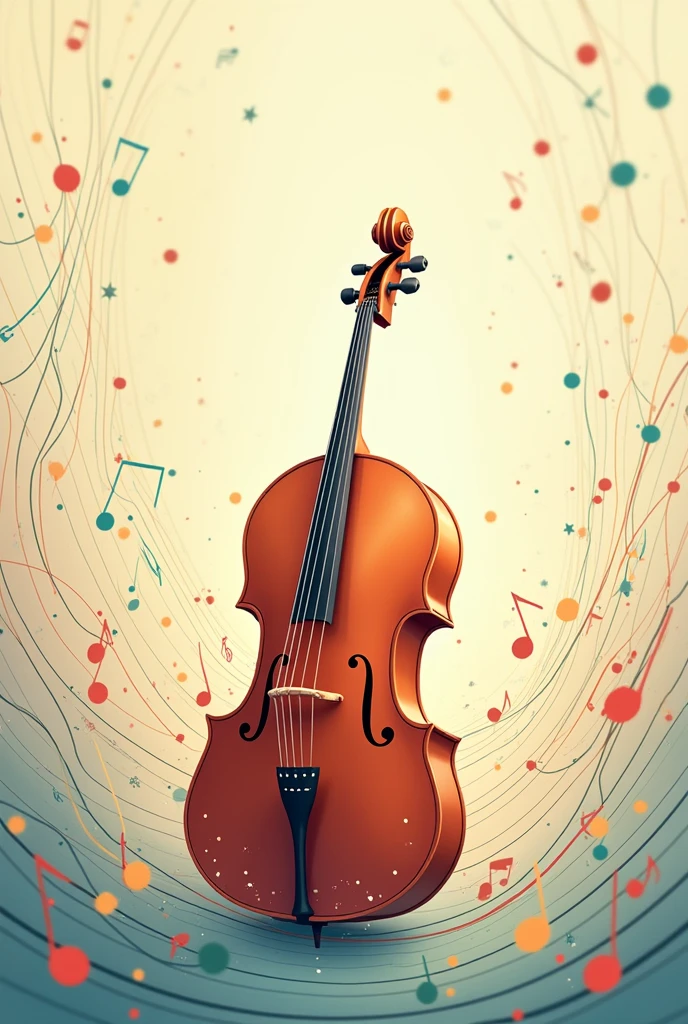 a cello on a free musical staff with cheerful colors, soft, a flourishing