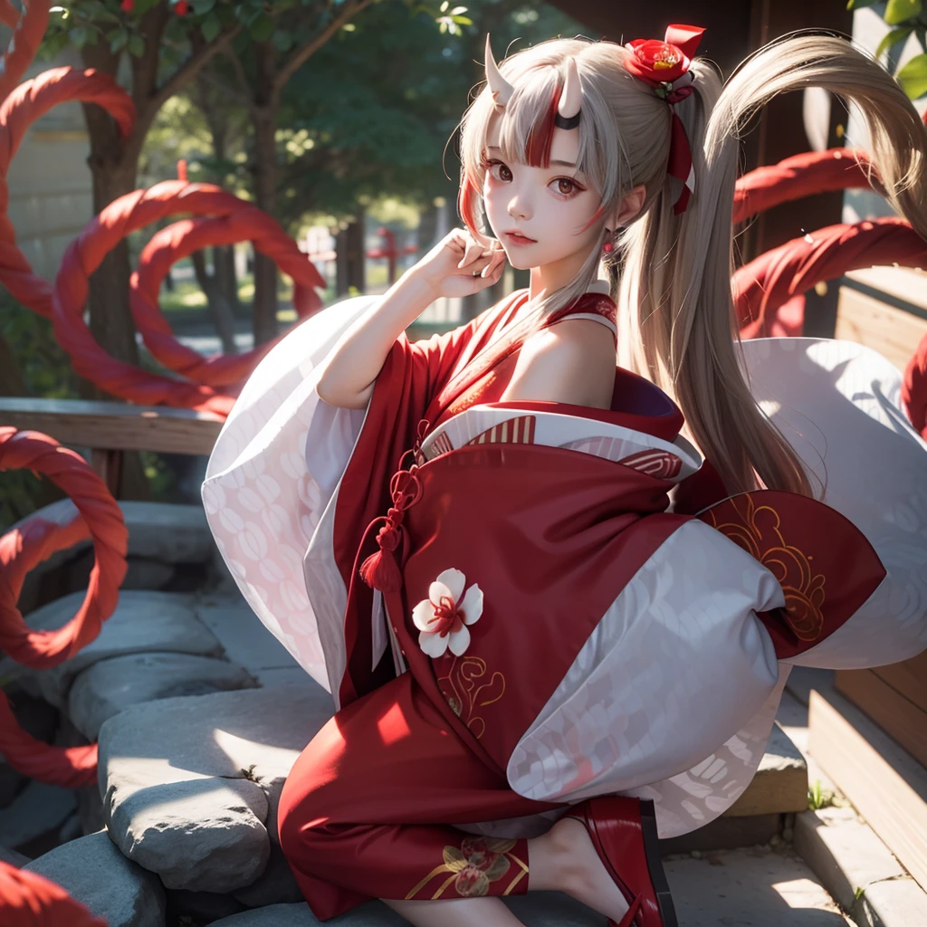((masterpiece,best quality)),outdoor, Red Torii, Tree, stairs,, 2 girls, Shrine maiden,Shrine maiden, Looking at the audience, look back,, Red Legwear, red Ribbon, Black Hair,樱flower, sky, flower, Hair Bun, hair Ribbon, Japanese clothes, kimono, Long hair, Cat ears, small flowers,, Multiple girls, Red Eyes, Red hair, Ribbon, sandals, single Hair Bun, permanent,clog sandals,white kimono, Yellow eyes,火flower,High Leg Raise,