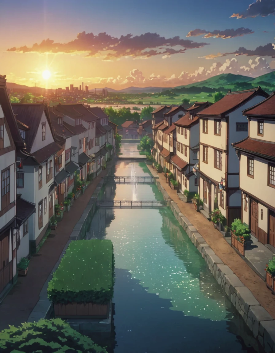 Anime screenshot of a town with fountains and horses, beautiful anime scenes, City in the background, Small town background, beautiful anime scenery, anime countryside landscape, Bustling magical town, anime landscapes, distant town background, downtown background, Anime beautiful peaceful scene., anime scene, anime landscapes概念艺术, in the anime movie, animated background art