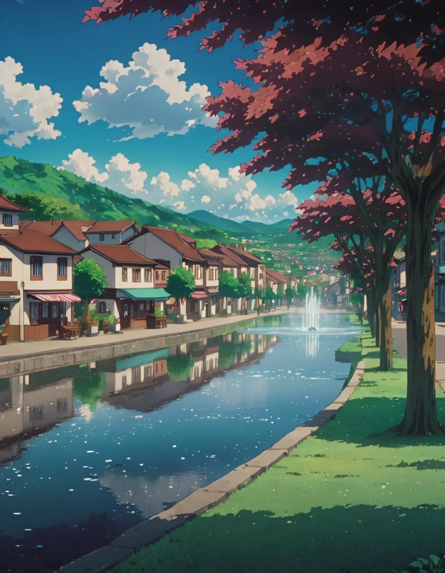 Anime screenshot of a town with fountains and horses, beautiful anime scenes, City in the background, Small town background, beautiful anime scenery, anime countryside landscape, Bustling magical town, anime landscapes, distant town background, downtown background, Anime beautiful peaceful scene., anime scene, anime landscapes概念艺术, in the anime movie, animated background art
