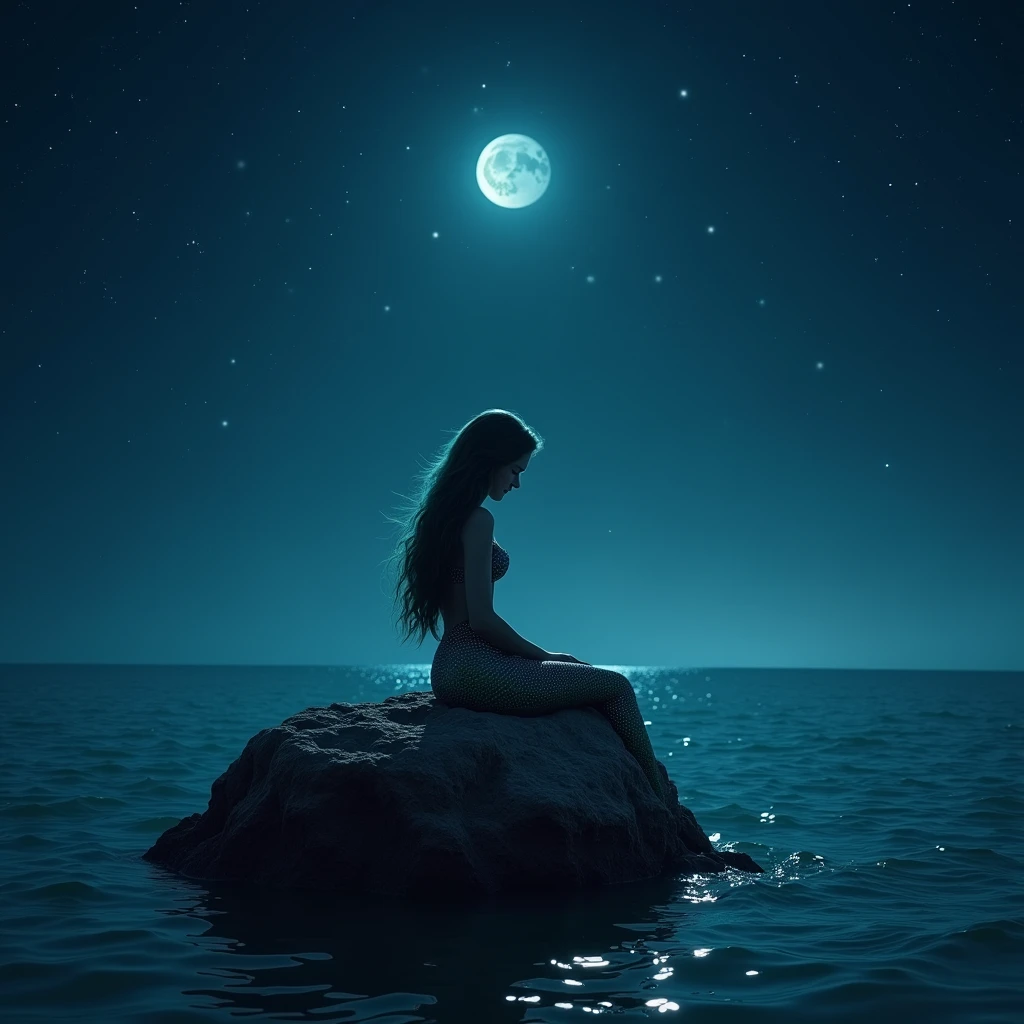 A mermaid sitting on a rock that stands in the sea of the night sky