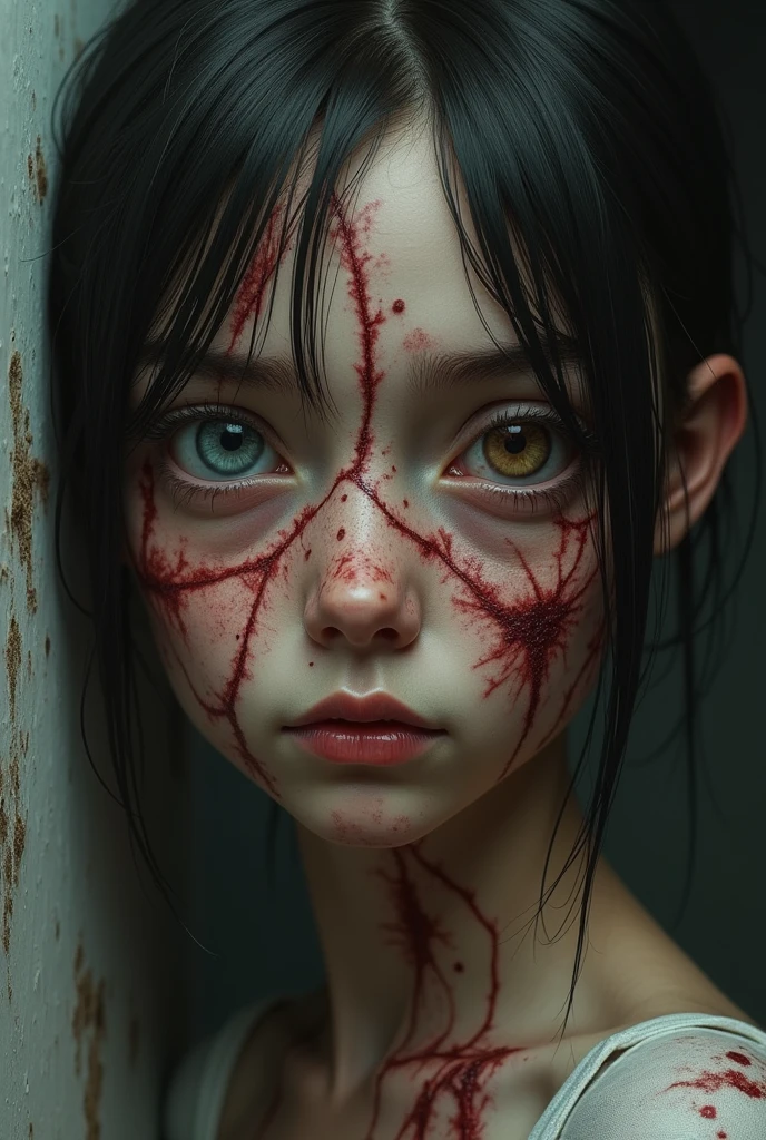 A brunette girl with shaved hair would have her face covered in horrible scars and a white eye on the left side of her face..