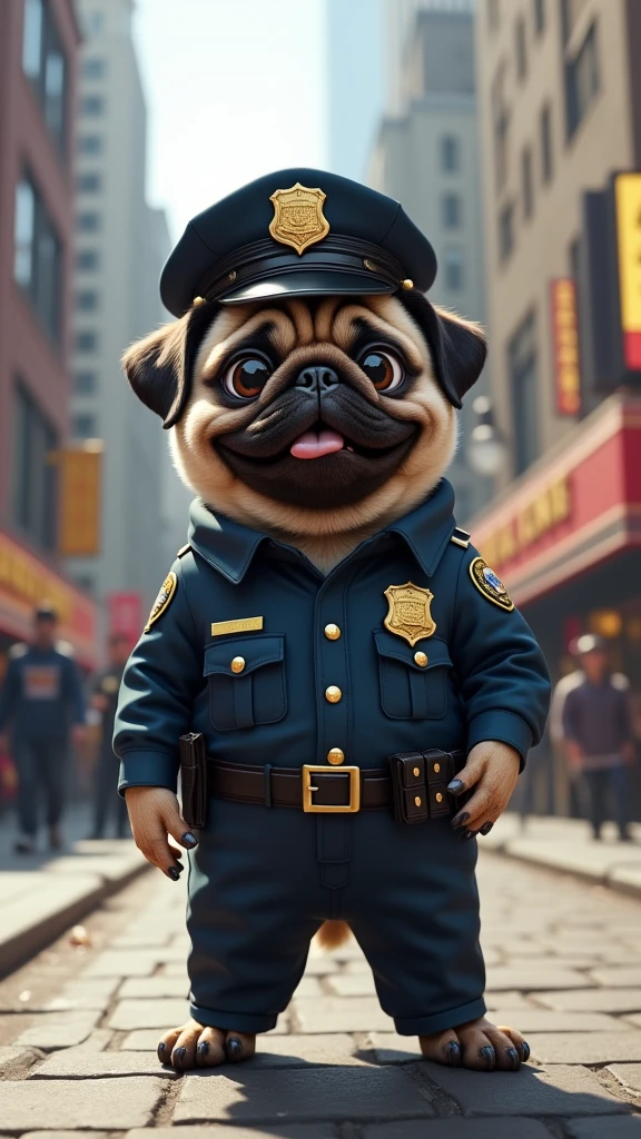 A pug is looking this way and smiling. 
Clothing is a police officer.　Patrolling the city streets