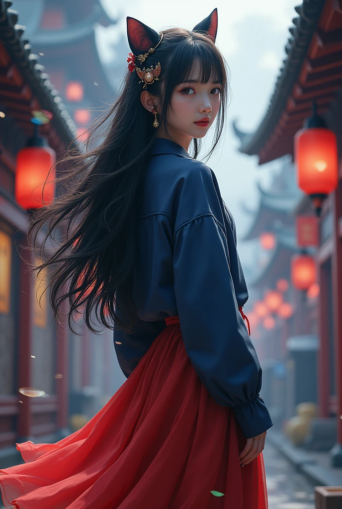 original, détaiL compLexe, illustration, chef-d'œuvre, fond d'écran CG unity 8k extrêmement détaillé, souligner, Affûtage, dynamique, bokeh, , Une belle fille au cheveux longs noir porte une jupe rouge et une veste bleu avec un chat,_oreilles et cheveux_ornement