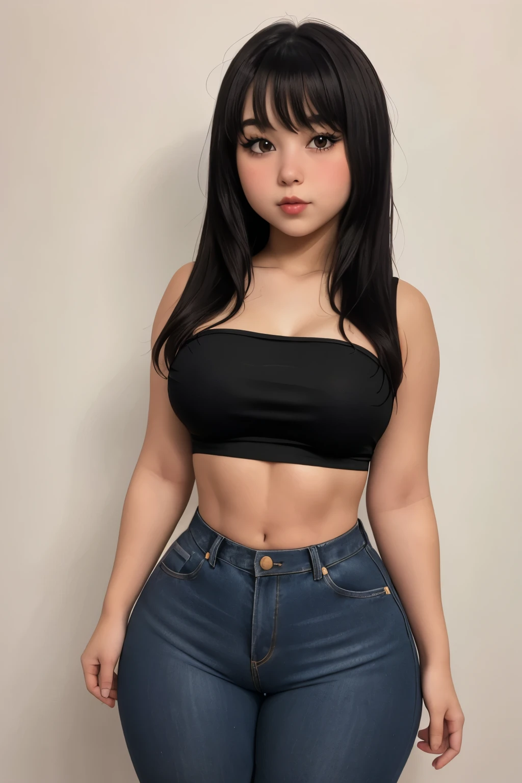 best quality, plump t girl, medium hair, body, flat chest, slim waist, thick thighs, large hips