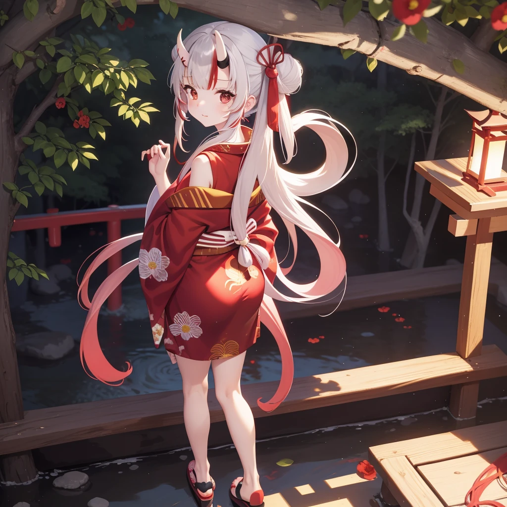 ((masterpiece,best quality)),outdoor, Red Torii, Tree,  stairs,, 2 girls, Shrine maiden,Shrine maiden, Looking at the audience, look back,, Red Legwear, red Ribbon, Black Hair,樱flower, sky, flower, Hair Bun, hair Ribbon, Japanese clothes, kimono, Long hair, Cat ears, small flowers，, Multiple girls,  Red Eyes, Red hair, Ribbon, sandals, single Hair Bun, permanent,clog sandals,white kimono, Yellow eyes,火flower,High Leg Raise,