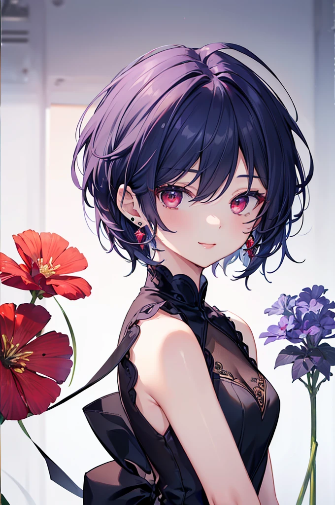 {{masterpiece}}, The best quality of life, 超High resolution, Attention to detail, high quality, High resolution, 最high quality, 4K, 8k,Attention to detail,((short indigo hair、Deep blue short hair)Braided Hair) 、 Cute female, 、One woman、(((Crimson Eyes、Red eyes、Red eyes、Beautiful attention to detail,Beautiful lip detail,A woman with beautiful eyes)))、Expressionless adult woman、((White background))、small but well-shaped breasts,、(((Black sleeveless dress、mile、smile、Small earrings