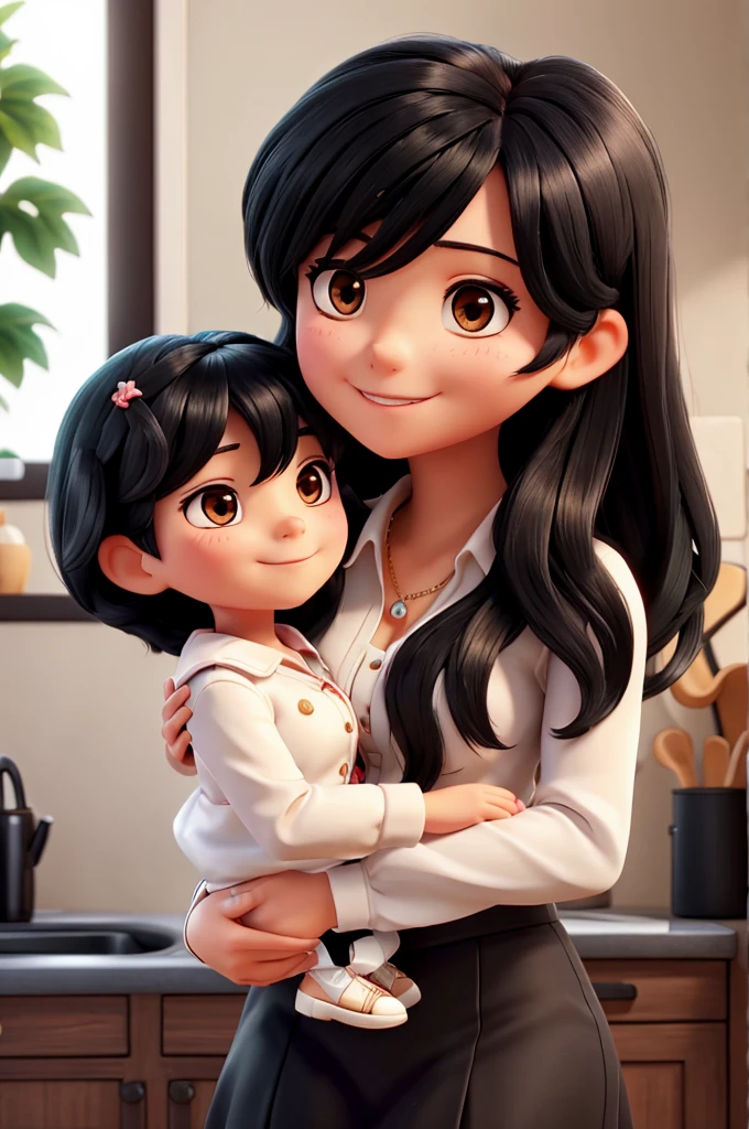 The black-haired girl loves her mother very much.