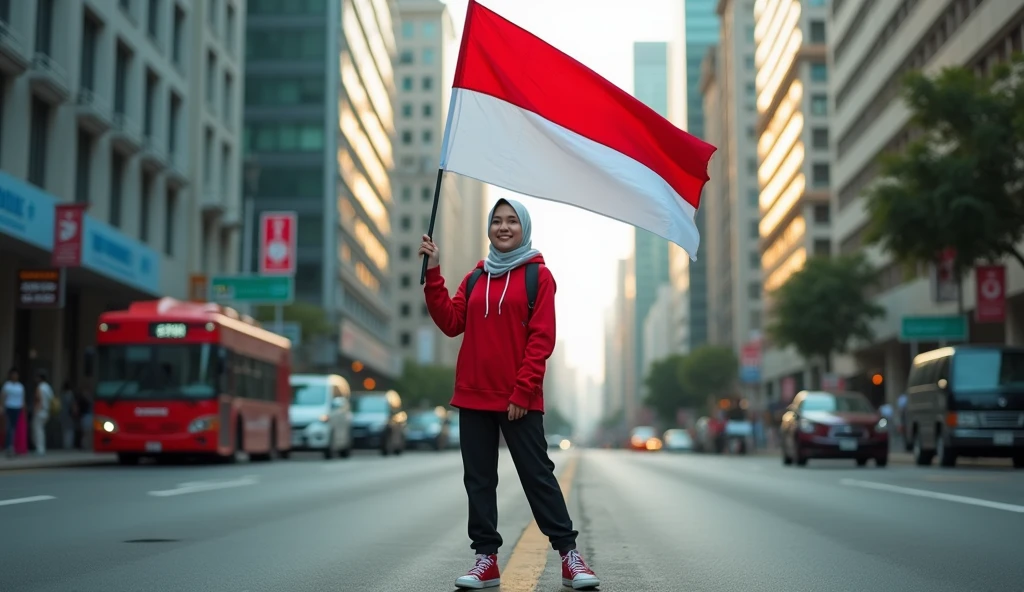 very high quality photo, independence scene, a woman wearing a hijab from Indonesia, wearing a red and white hoodie and sneakers, carrying a flag posing on the side of a city street, full body, realistic and cool visual effects, looks real and perfect, UHD 64K, very sweet