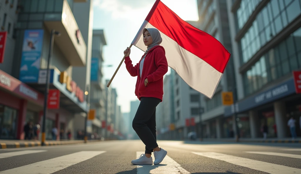 very high quality photo, independence scene, a woman wearing a hijab from Indonesia, wearing a red and white hoodie and sneakers, carrying a flag posing on the side of a city street, full body, realistic and cool visual effects, looks real and perfect, UHD 64K, very sweet