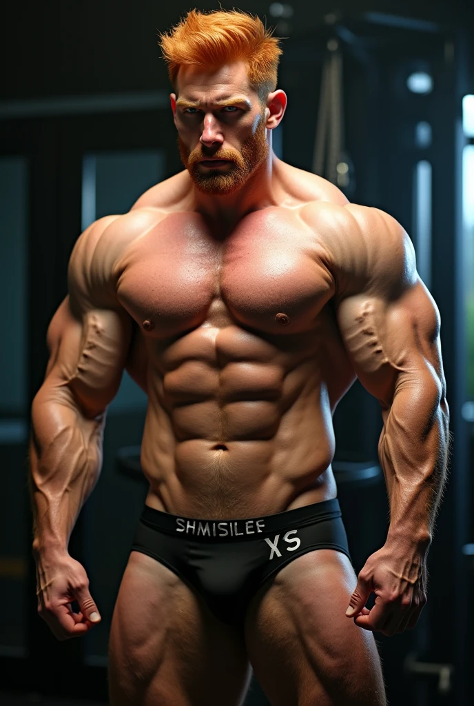 a sweaty muscle hunk at the gym, bodybuilder, ginger hair, huge pecs, six pack abs, speedo, photo-realistic, 8k, hyperdetailed, studio lighting, professional photography, cinematic lighting, dramatic lighting, highly detailed face, sharp focus, vivid colors, muscular male physique, athletic body, hyper-realistic, award winning photograph