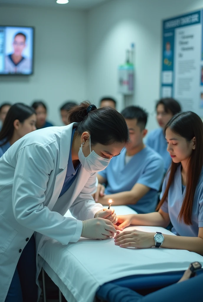 The image focuses on a scene that takes place in what appears to be a specialized clinic or medical center. Spotlight, a person sitting on a stretcher stands out, with their hand extended and their index finger exposed.

A healthcare professional, dressed in a white coat and gloves, is leaning over the person's hand, using a small device that appears to be a microchip applicator. It is observed that he is carefully inserting a tiny object under the person's finger skin.

Around this central scene, other people can be seen sitting or standing, some of them also with their hands extended, ready to receive the same procedure. These people show expressions of anticipation, interest or even some anxiety on their faces.

The clinic environment is characterized by a clinical and aseptic environment, With white walls, medical equipment and bright lighting that accentuates the professional tone and sense of precision.

Behind the main scene, posters can be seen, brochures or screens that provide information about the benefits, the uses and procedures related to the implantation of these microchips under the skin.

The image conveys a sense of normalcy and acceptance surrounding this practice, suggesting that the placement of these identification or tracking devices has become an increasingly common and accepted practice among the pobl