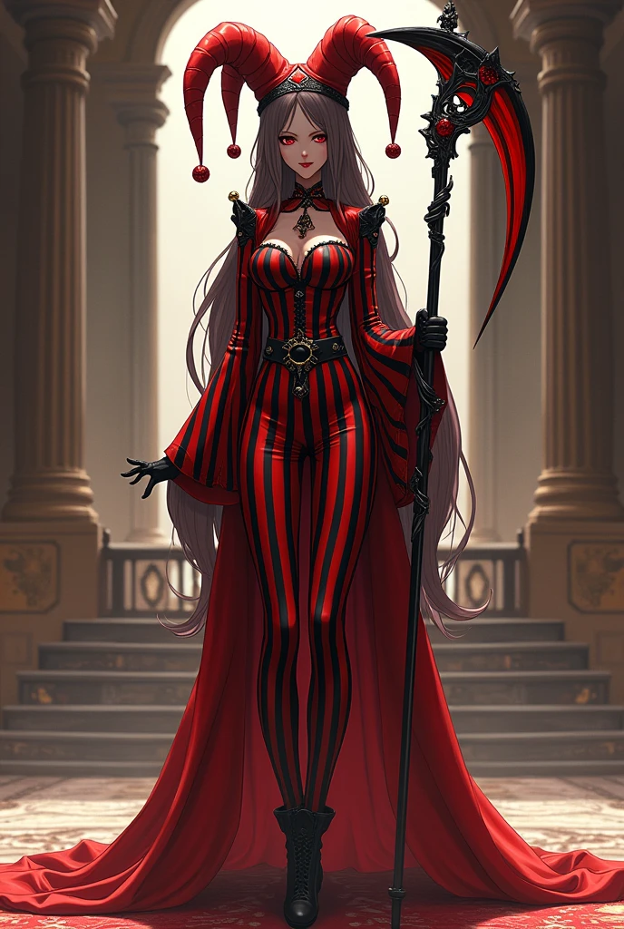 Anime-style court jester with red and black striped clothing., holding a scythe, and long hair