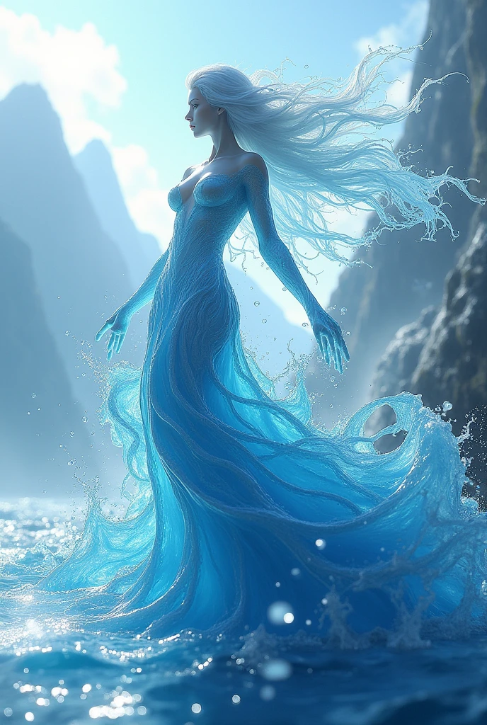 A splash of water, its body should be made of pure water with hair of water, on top of a mountain of pure water