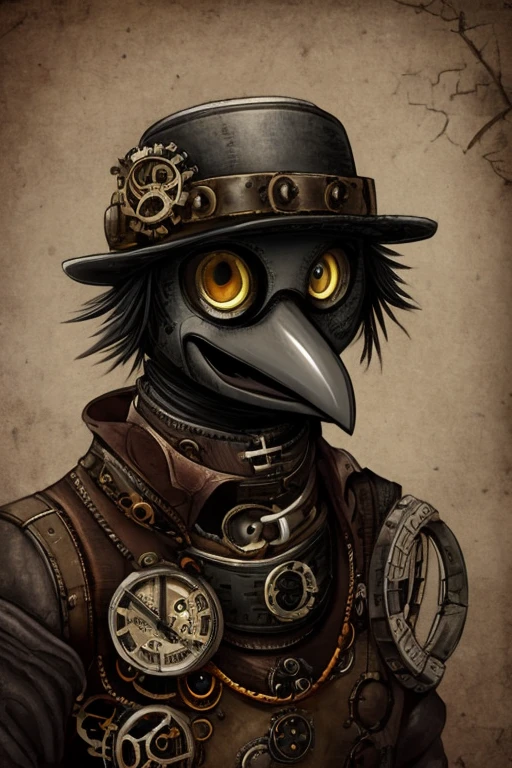 Half-robot Crow, Grinning, gazing at viewer, Steampunk