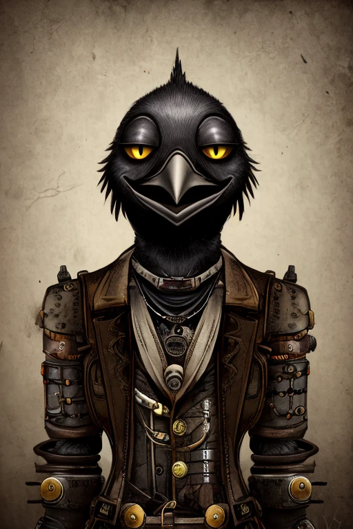 Half-robot Crow, Grinning, gazing at viewer, Steampunk