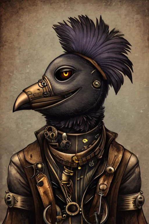 Half-robot Crow, Grinning, gazing at viewer, Steampunk