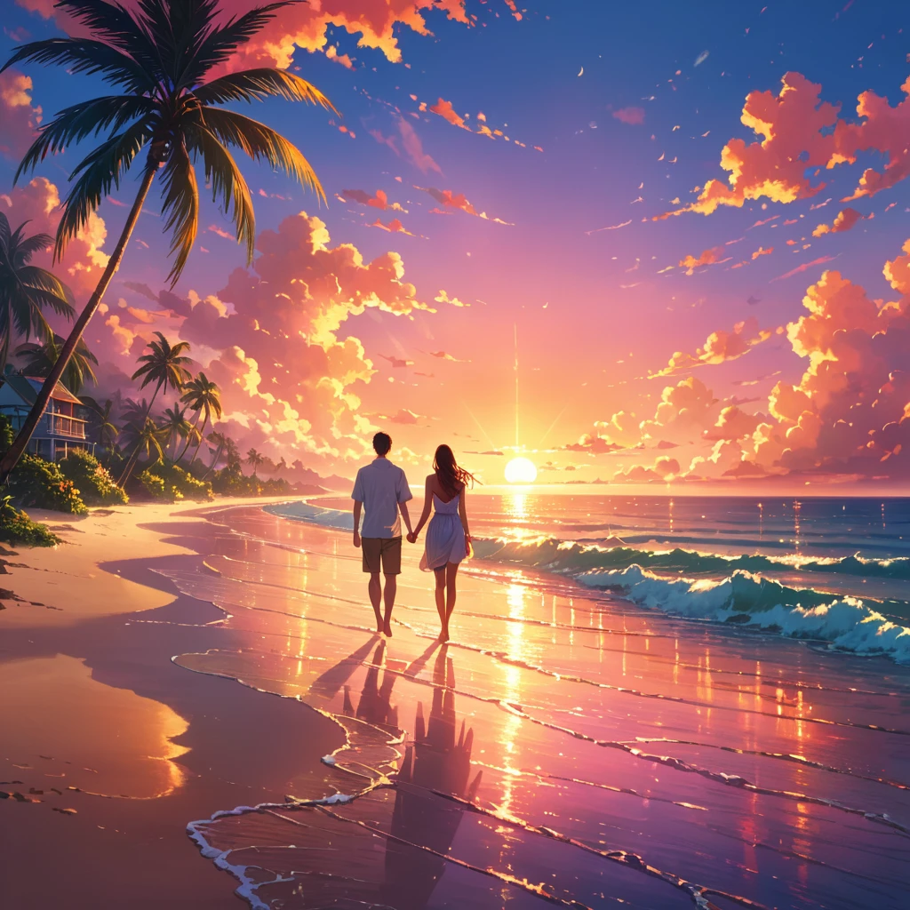 "Create a wallpaper featuring a couple walking hand in hand along a beach at sunset. The background should show a vibrant orange and pink sky with the sun setting over the horizon, casting a warm glow on the sand and water. Include gentle waves and palm trees for a tropical feel."
High resolution, masterpiece, accurate, bestquality, High detail, high quality, Very detailed, dark,longhairVery detailed, Ultra high definition,