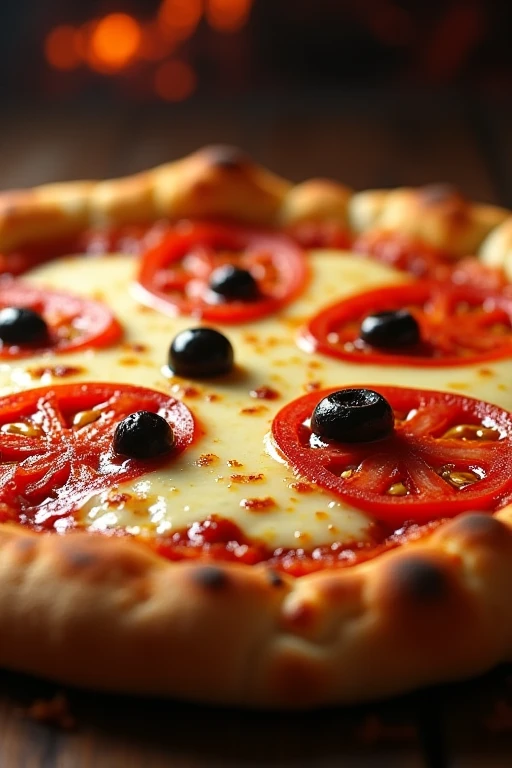 Image from afar showing a realistic mozzarella Pizza with lots of melted cheese, 5 tomato slices and olives between each tomato slice, catupiry cheese breadsticks coming out warm from the wood-fired oven