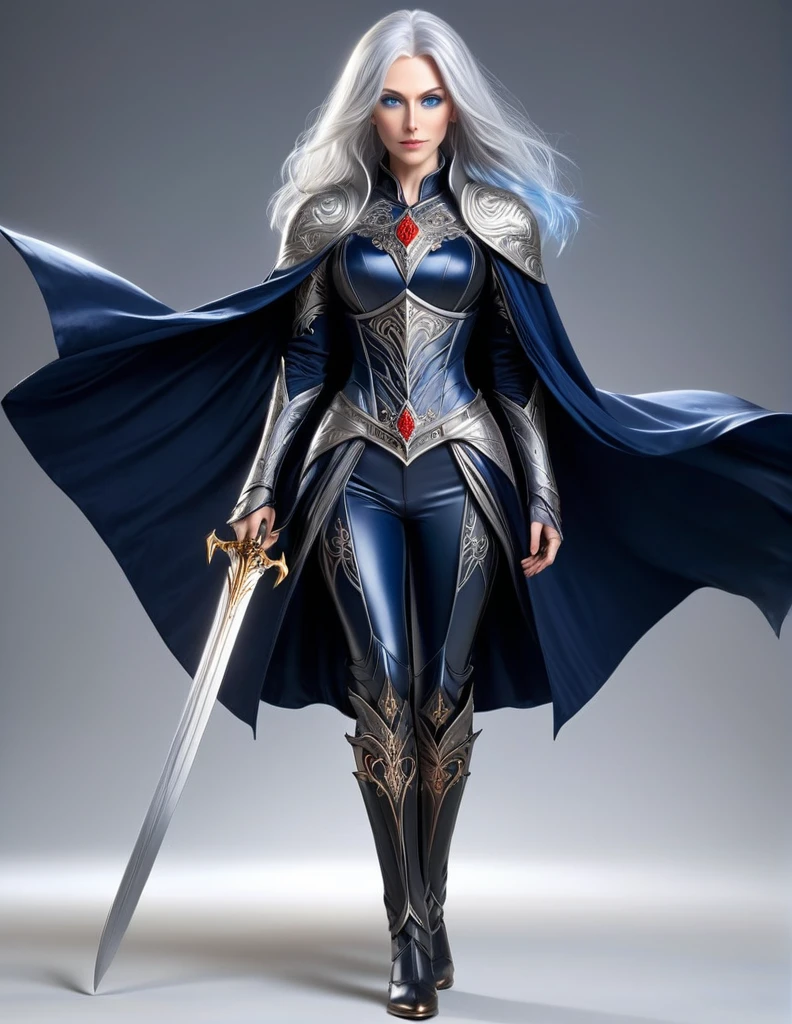 Two women, mother and daughter, Sylara, A human princess of Arathel, She wears a dark blue dress with silver threads, with fitted bodice, With silver and gold embroidery and a black velvet cape, the skirt is pleated, She is hiding a pair of blue pants, With red hair and blue eyes, in anime style, Is standing, whole body, A mature woman of 48 years old and Selene Glavariel Arathel, A human-elf hybrid of with silver hair, blue eyes, A slender and tall figure, Leather armor with silver and red ornaments, And a white cape with embroidered symbols. She holds a sword in front of her and has a determined expression. The style is anime.