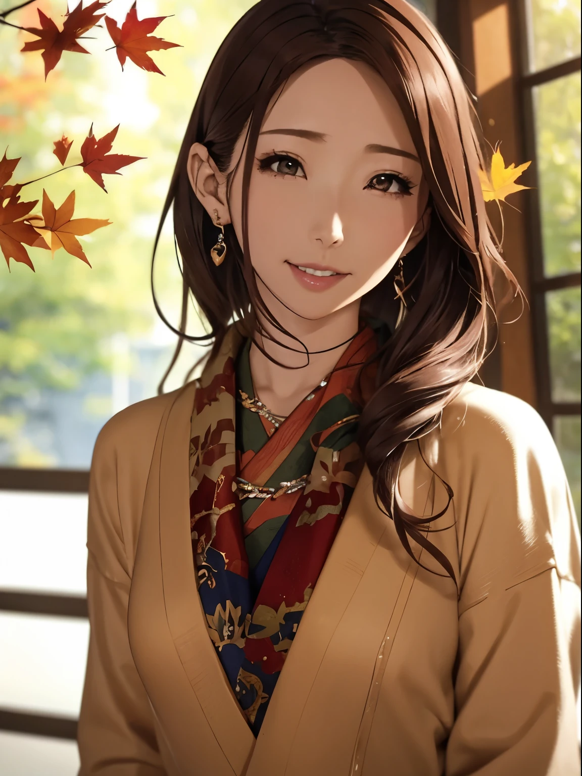 High resolution,8k,Highest quality,detailed,Semi-realistic anime,Anime 3D Style,Smooth anime CG,One Girl,35-year-old woman in Japan,slim,Modeled,Shiny brown hair, Tie your hair back,Medium Hair,detailedな顔,Beautiful and detailed,Glowing Skin,(Layering,Autumn and winter clothes),Earrings Beautiful,necklace,Winter in Japan,Dead Tree,Leaves fall,Hard Focus、Film Grain,Soft lighting,Wind,Looking at the audience,Laughter,