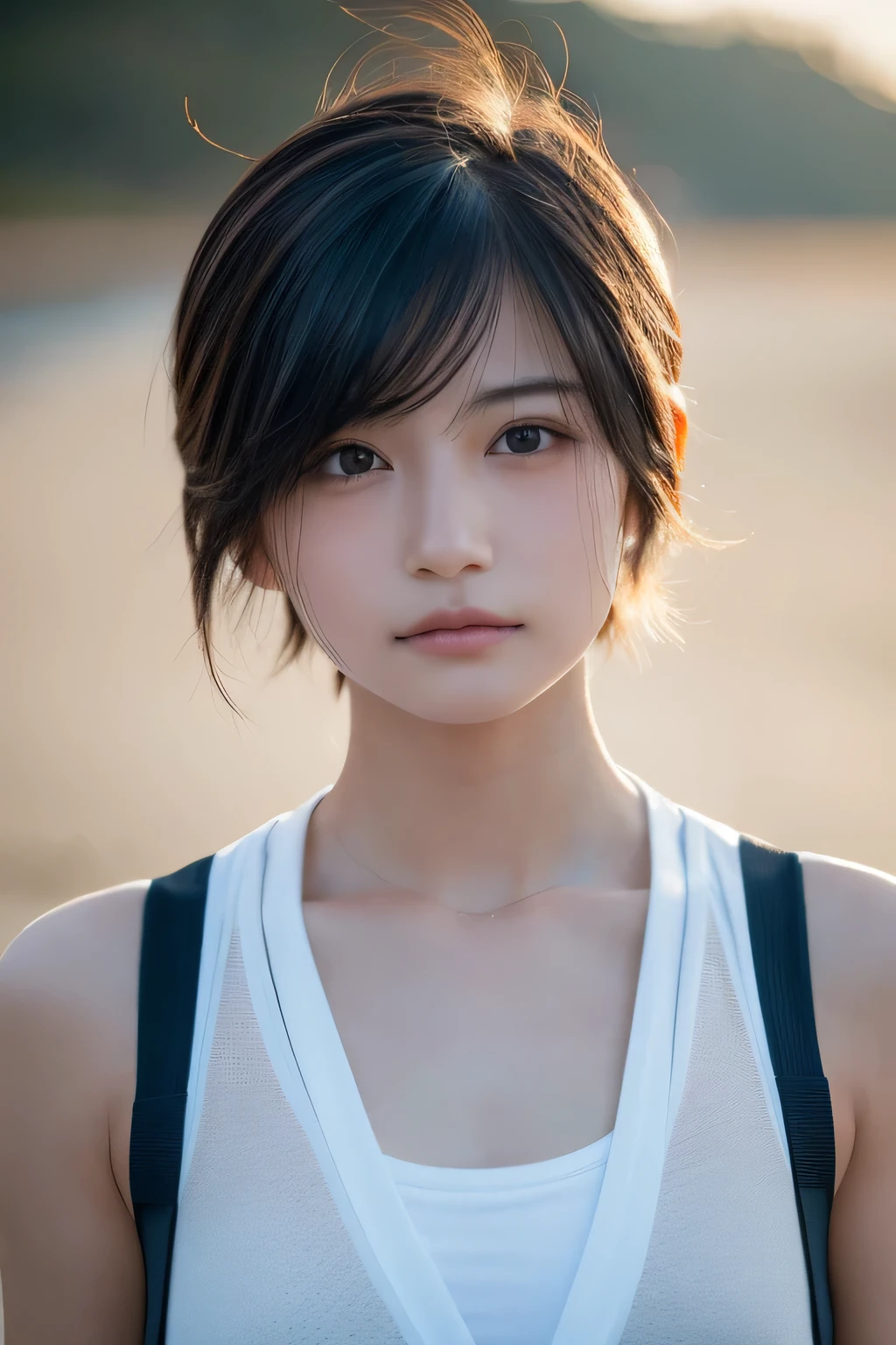 Hair blowing in the wind、Sweaty skin、Sweaty hair、Wet clothes、Coast at dusk,A cute girl with a face like a Japanese idol, Short Hair, Skinny body、athlete、(Cinema Lighting),(Natural light),(High level of artistry),(artistic),(Indistinguishable quality from the real thing),{{RAW Photos}},{{Genuine}},High resolution,masterpiece, beautiful, Handsome Tomboy, Looks like a salon model, Cool face, Neutral facial features, Halter neck, nsfw,
