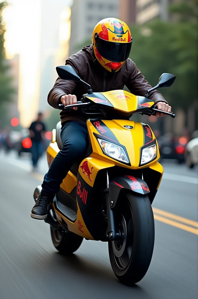 He has a yellow and black Red Bull vinyl for a scooter 