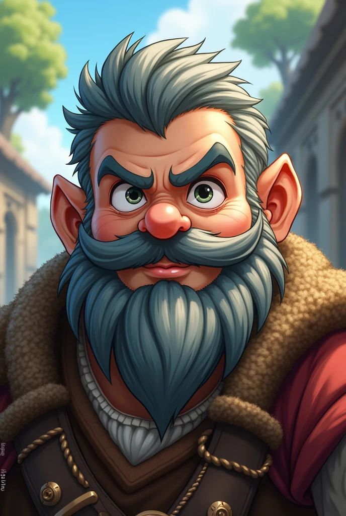 RPG dwarf anime style with short gray hair, Young face with few wrinkles, with mustache and large curved nose