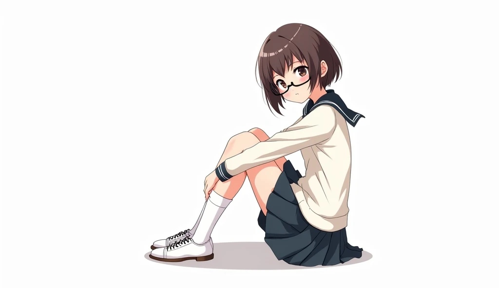 Japanese chiby anime, teenage girl in Japanese school uniform long sleeved, dark short brown hair thin bangs, beautiful narrow eyes,sitting on the floor with one leg bent backwards, white background, full body, cute,white knee socks and white lace-up shoes,wearing glasses, facing the camera