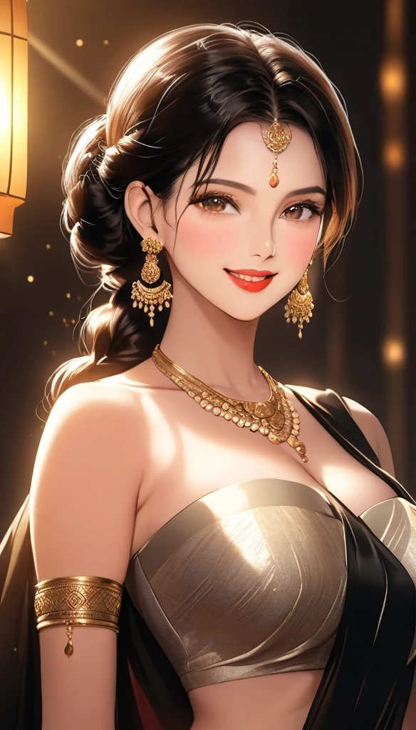 (1woman, mature, single hair braid, transparent saree, big long jhumka earrings, detailed alluring eyes, smooth detailed lips, beautiful face, smiling, red lipstick, navel, bangles, saggy breasts, photorealistic, 8k, hyperdetailed, vibrant colors, studio lighting, masterpiece, cinematic composition, dramatic lighting, intricate details, highly realistic skin textures, volumetric lighting, beautiful intricate jewelry, warm color palette, natural lighting, elegant pose, beautiful detailed expression, hyper realistic rendering, seamless blending, flawless skin, glowing skin, delicate features, breathtaking realism, striking composition),tall , necklace, bangles ,navel,full body view