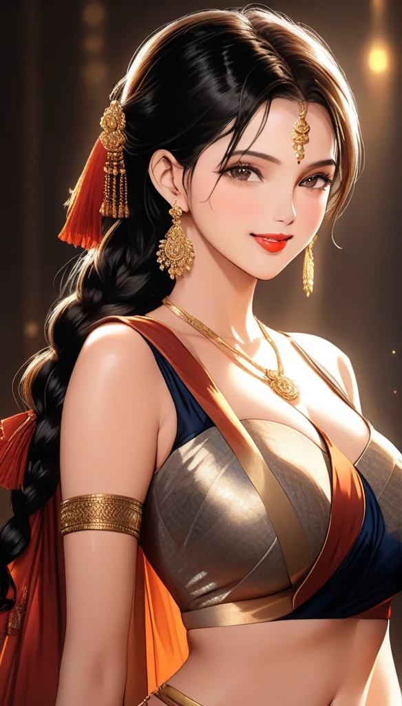 (1woman, mature, single hair braid, transparent saree, big long jhumka earrings, detailed alluring eyes, smooth detailed lips, beautiful face, smiling, red lipstick, navel, bangles, saggy breasts, photorealistic, 8k, hyperdetailed, vibrant colors, studio lighting, masterpiece, cinematic composition, dramatic lighting, intricate details, highly realistic skin textures, volumetric lighting, beautiful intricate jewelry, warm color palette, natural lighting, elegant pose, beautiful detailed expression, hyper realistic rendering, seamless blending, flawless skin, glowing skin, delicate features, breathtaking realism, striking composition),tall , necklace, bangles ,navel,full body view