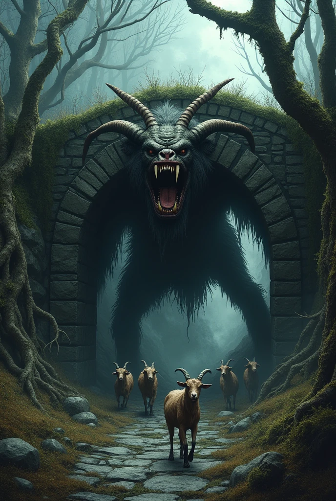 a scary troll under a bridge, the three billy goats gruff, horrorcore clive barker, dark fantasy, horror, (best quality,4k,8k,highres,masterpiece:1.2),ultra-detailed,(realistic,photorealistic,photo-realistic:1.37),HDR,UHD,studio lighting,ultra-fine painting,sharp focus,physically-based rendering,extreme detail description,professional,vivid colors,bokeh,dark twisted fairy tale, disturbing, creepy, eerie, unsettling, nightmarish, moody atmosphere, dramatic lighting, twisted branches, gnarled roots, mossy stones, gloomy sky, ominous clouds, dark tones, muted colors