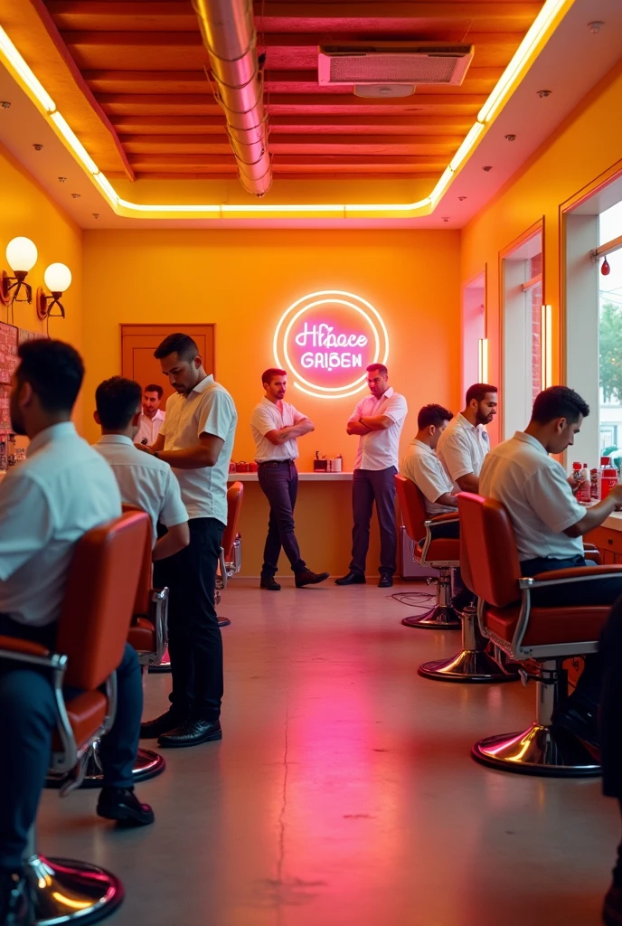 Barber shop with yellow painted walls,neon orange and pink 

