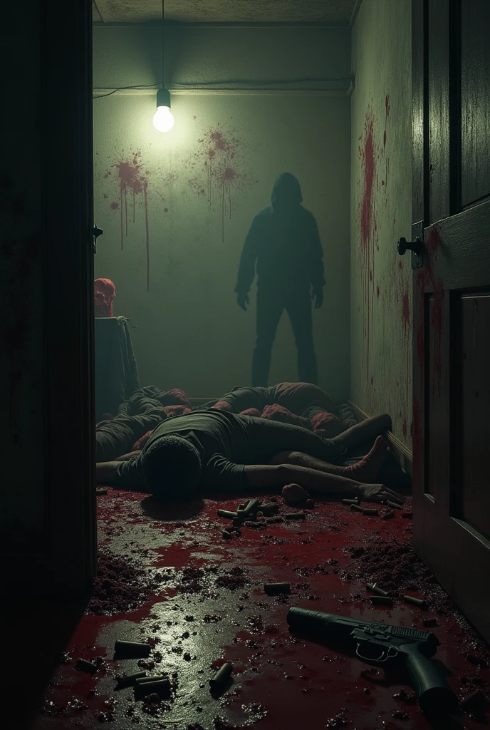create a deadly scenario, a wall with bloodstains and bullet holes, in a dark room with only one lightbulb.