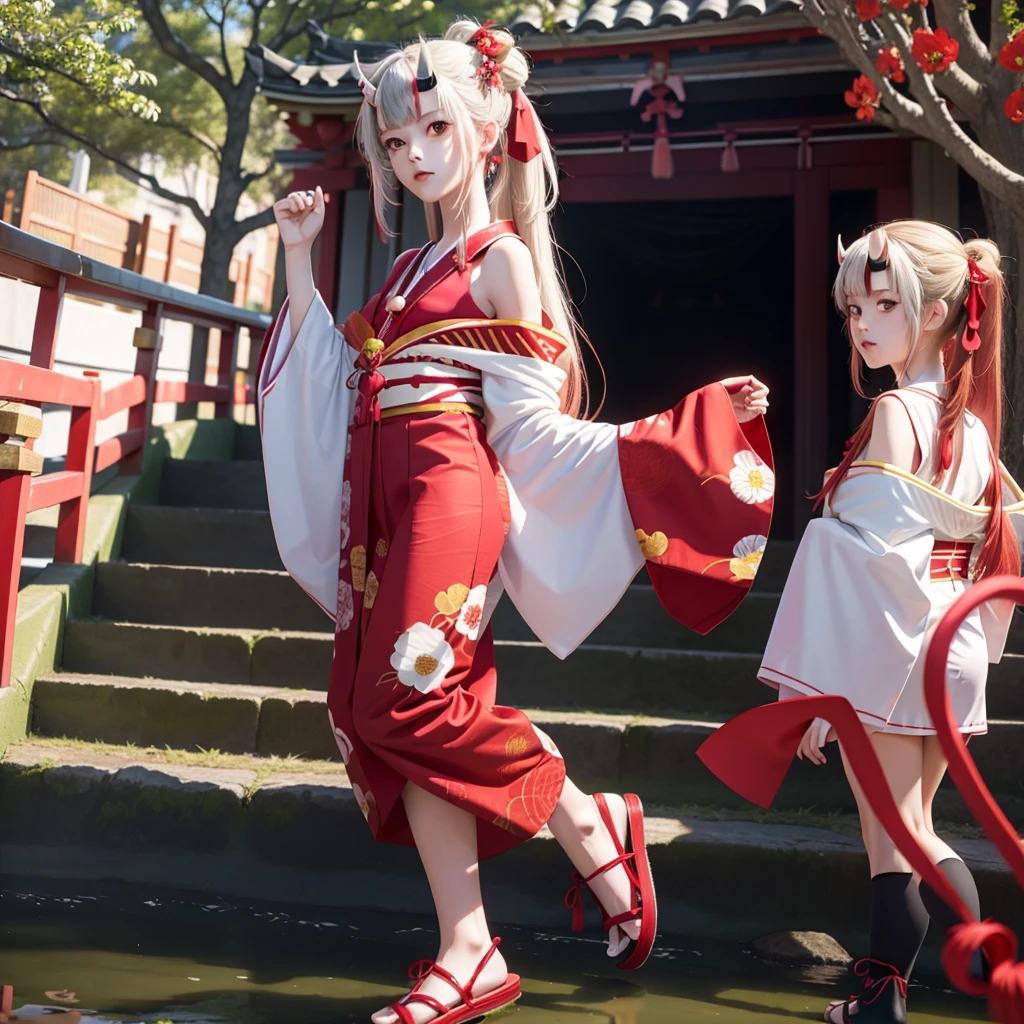 ((masterpiece,best quality)),outdoor, Red Torii, Tree,  stairs,, 2 girls, Shrine maiden,Shrine maiden, Looking at the audience, look back,, Red Legwear, red Ribbon, Black Hair,樱flower, sky, flower, Hair Bun, hair Ribbon, Japanese clothes, kimono, Long hair, Cat ears, small flowers，, Multiple girls,  Red Eyes, Red hair, Ribbon, sandals, single Hair Bun, permanent,clog sandals,white kimono, Yellow eyes,火flower,High Leg Raise,