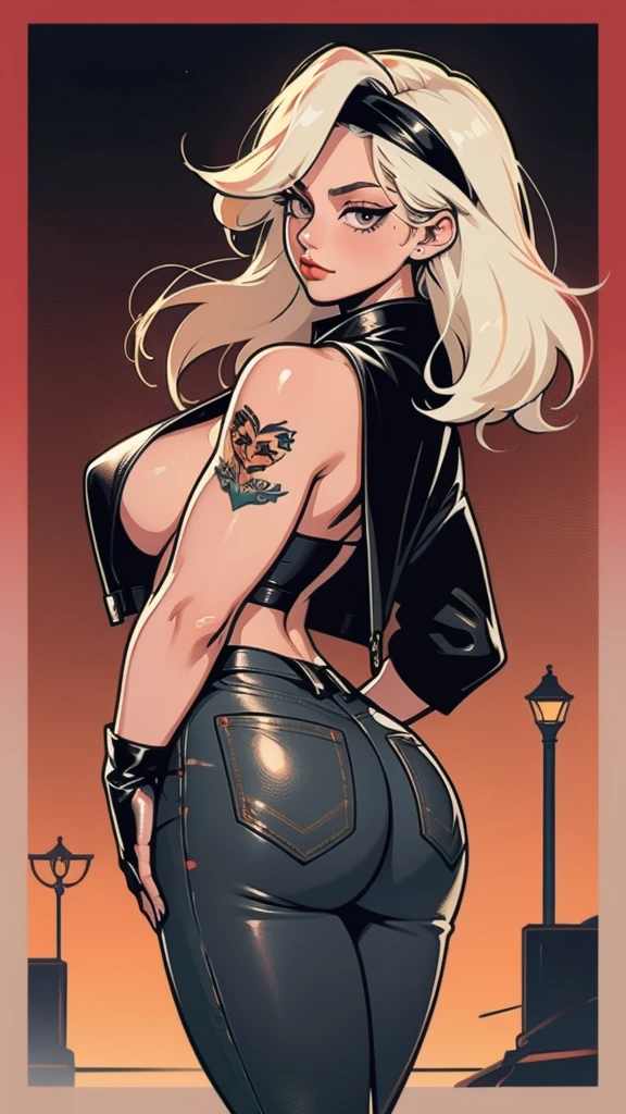 (masterpiece), best quality, expressive eyes, perfect face(masterpiece), best quality, expressive eyes, perfect face, a woman, 25 age, 80s style, short white hair, bronze skin, large breasts, black long leather coat, amber eyes, dark lens aviator glasses, shirtless, leggins, harnes, black gloves, black headband, chest tattoo, rear view