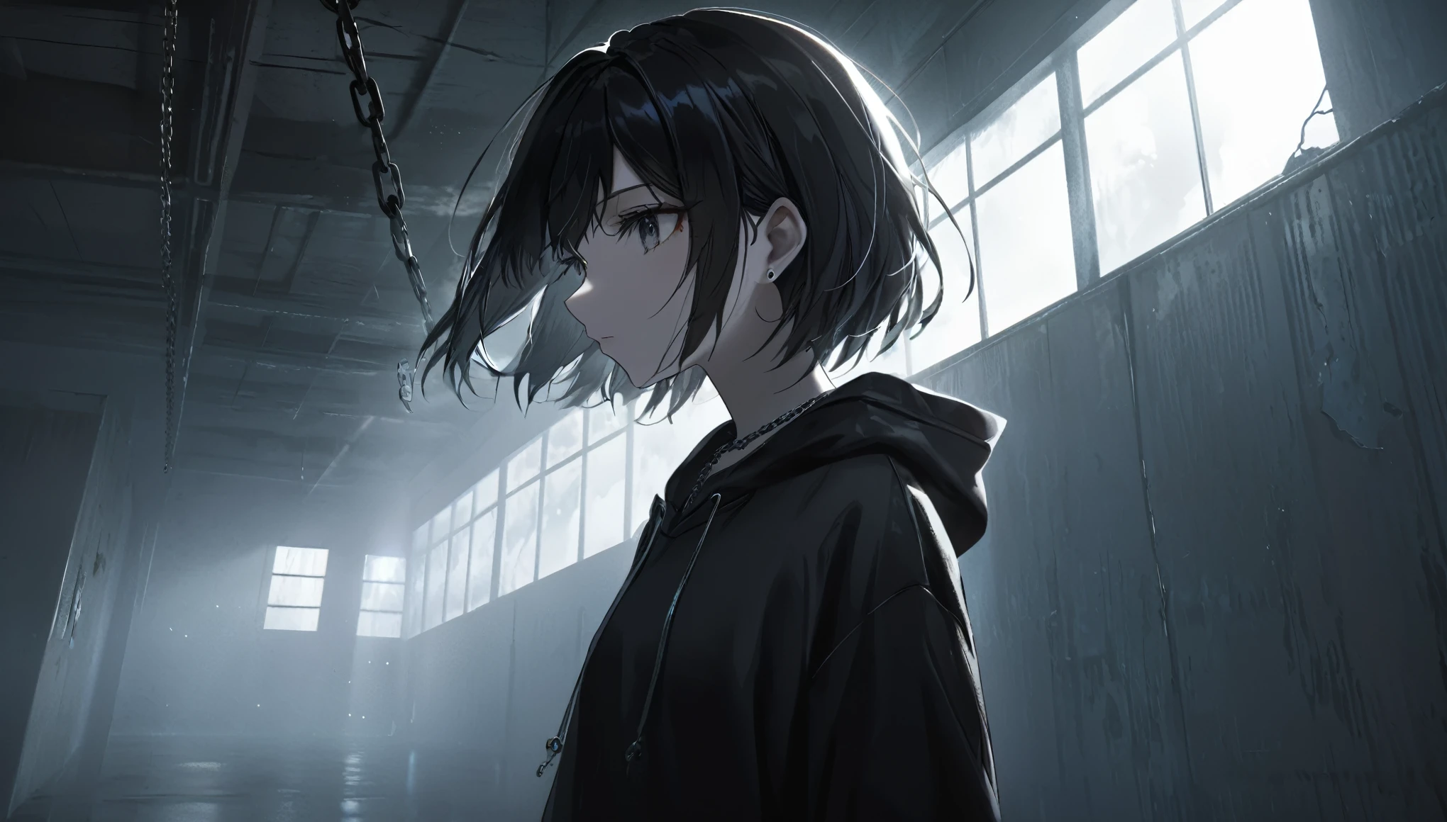 1girl, short black hair, dark fashion outfit, shiny diamond chains, grunge hoodie, contemplative, atmospheric, ethereal, dark scenery, empty room, close up, head shot, apocaliptic, ethereal, dramatic lighting, lost somewhere dark