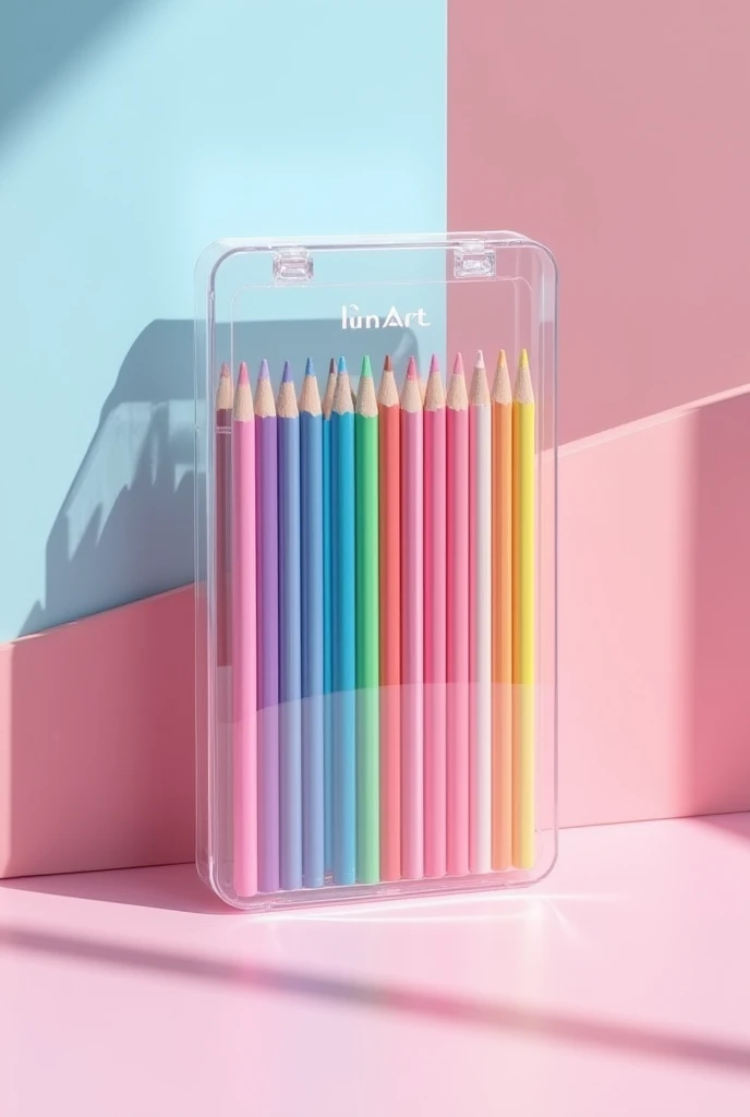 image of a colored pencil case with the name lunart, and that the case be transparent and pastel colors and that the colors are ordered that it looks like a product to sell with the amount of 20 colors