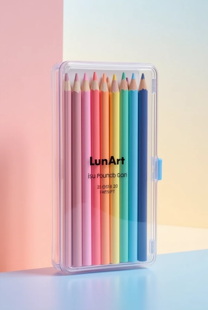 image of a colored pencil case with the name lunart, and that the case be transparent and pastel colors and that the colors are ordered that it looks like a product to sell with the amount of 20 colors
