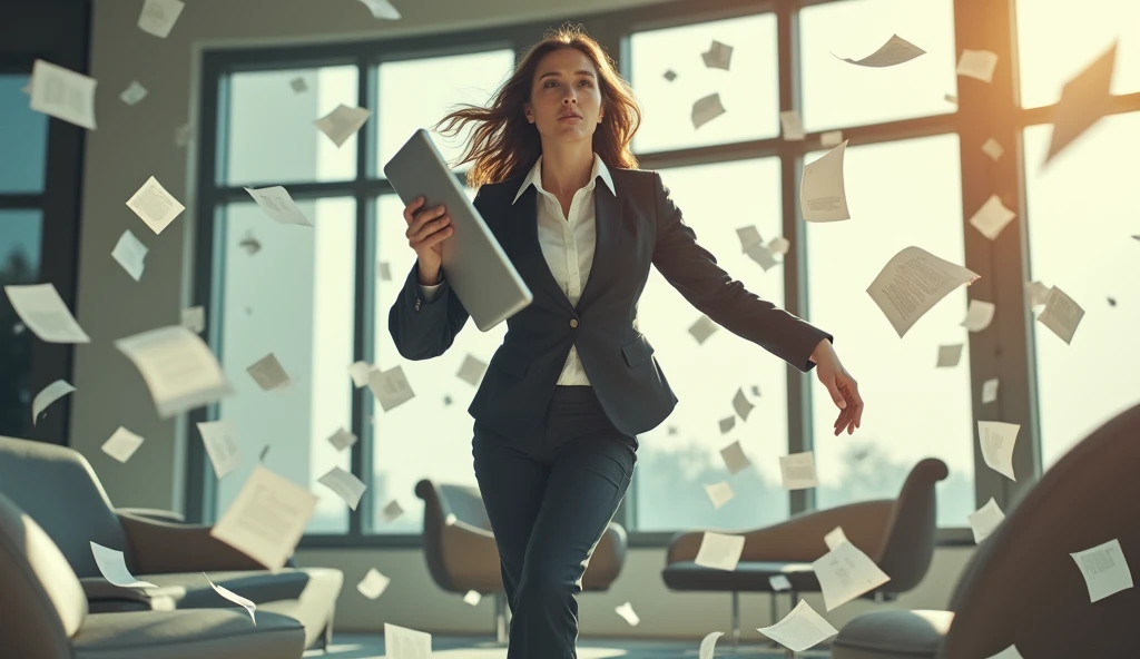 Documents were flying around the room, woman in a suit jumped up to catch the documents in a room, working, sun yunjoo, still from a live action movie, park shin hye as a super villain, full device, using a magical tablet, iu lee ji-eun as a super villain, profile pose, [ realistic photo ]!!, shin min jeong, serious business, lazy, elegant look, 