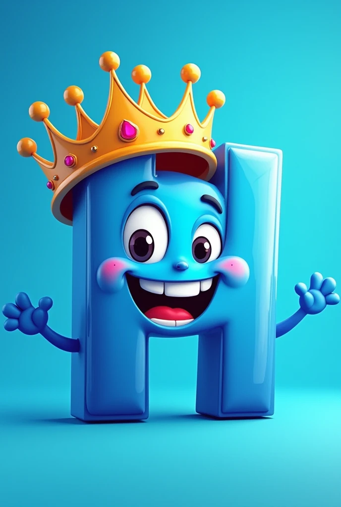 Make a king out of the letter H, all blue, with a golden crown, as if the H were a cartoon. I want the H to have eyes, a mouth, the crown, and be blue. It should also have arms.