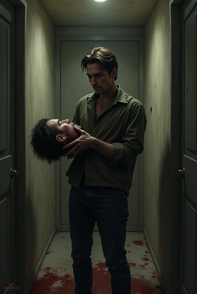 A man in a room holding a severed head